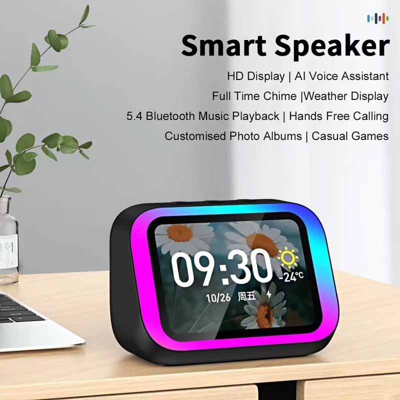 Portable Translator Device - KI-Sprachassistent Bluetooth-Lautsprecher mit RGB-Farbbeleuchtung, Wecker, LED-Bildschirm,
